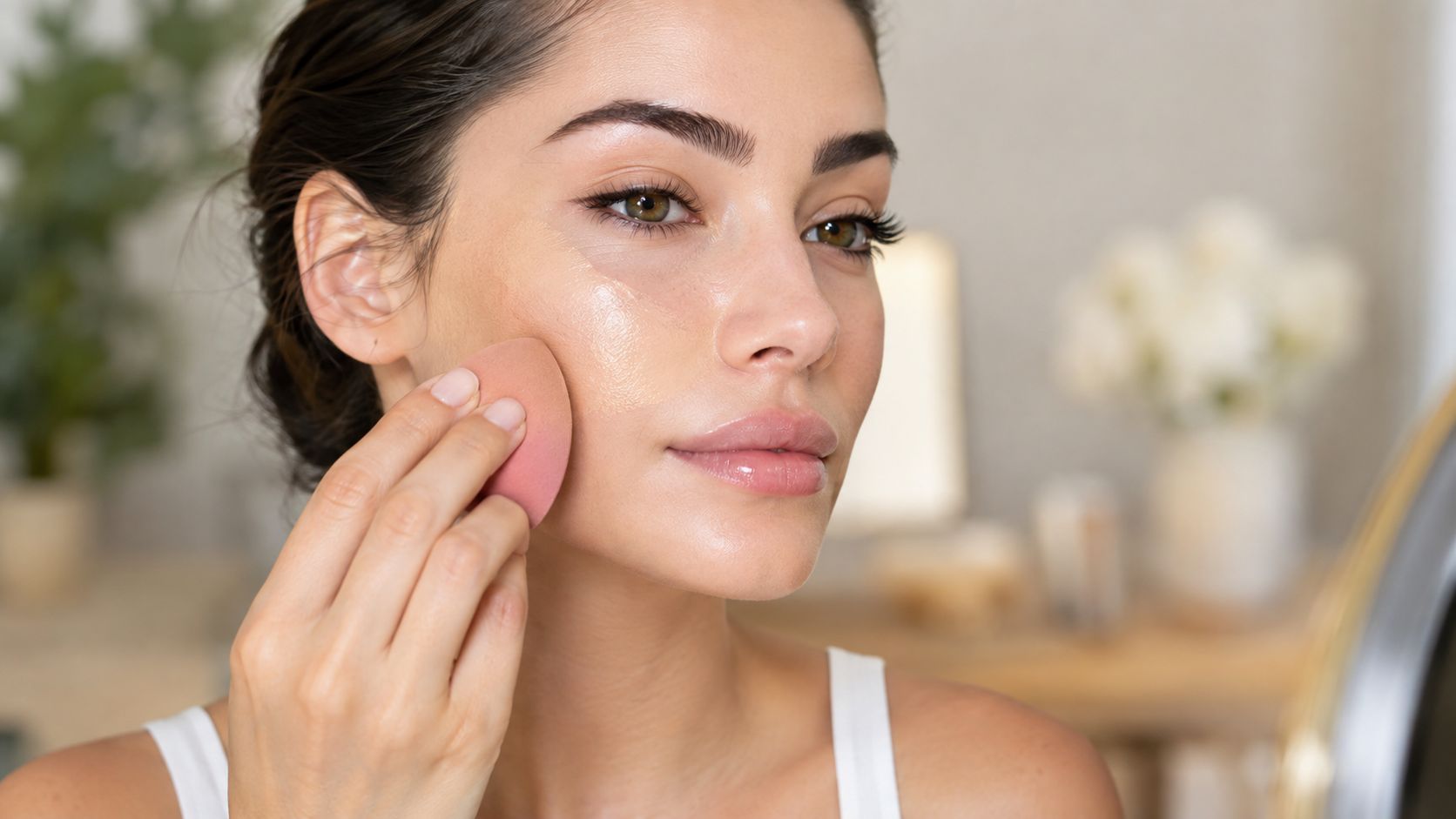 A woman applying liquid foundation to her cheek using a pink makeup sponge in a bright room.