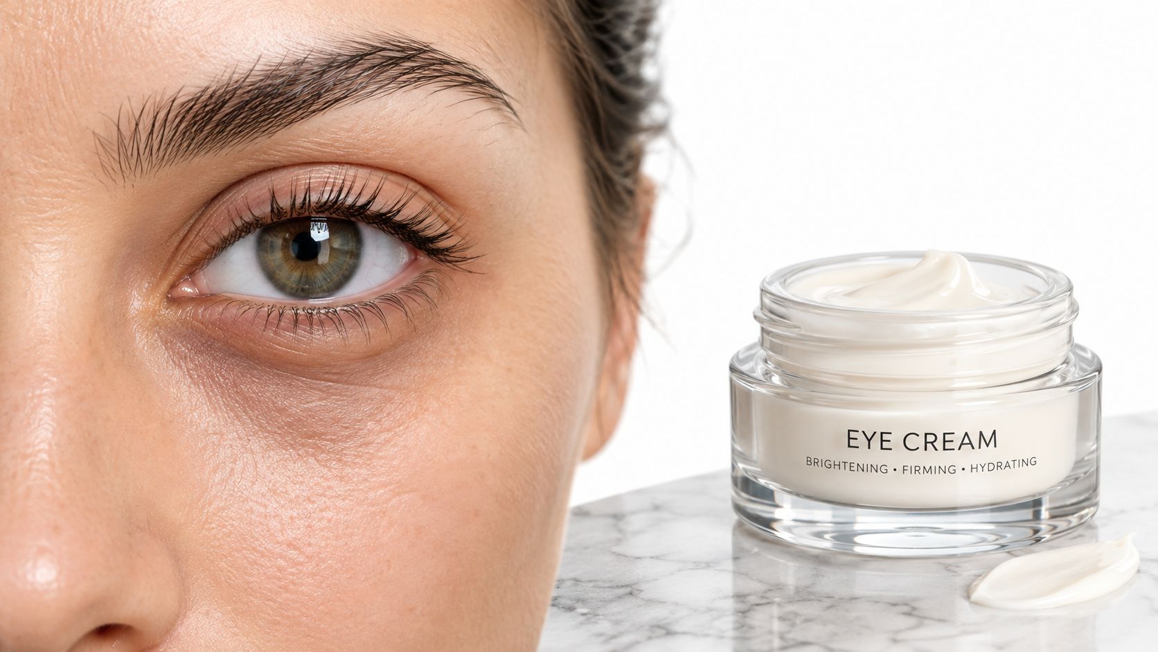 Close-up of a person's eye with a jar of brightening, firming, and hydrating eye cream nearby.