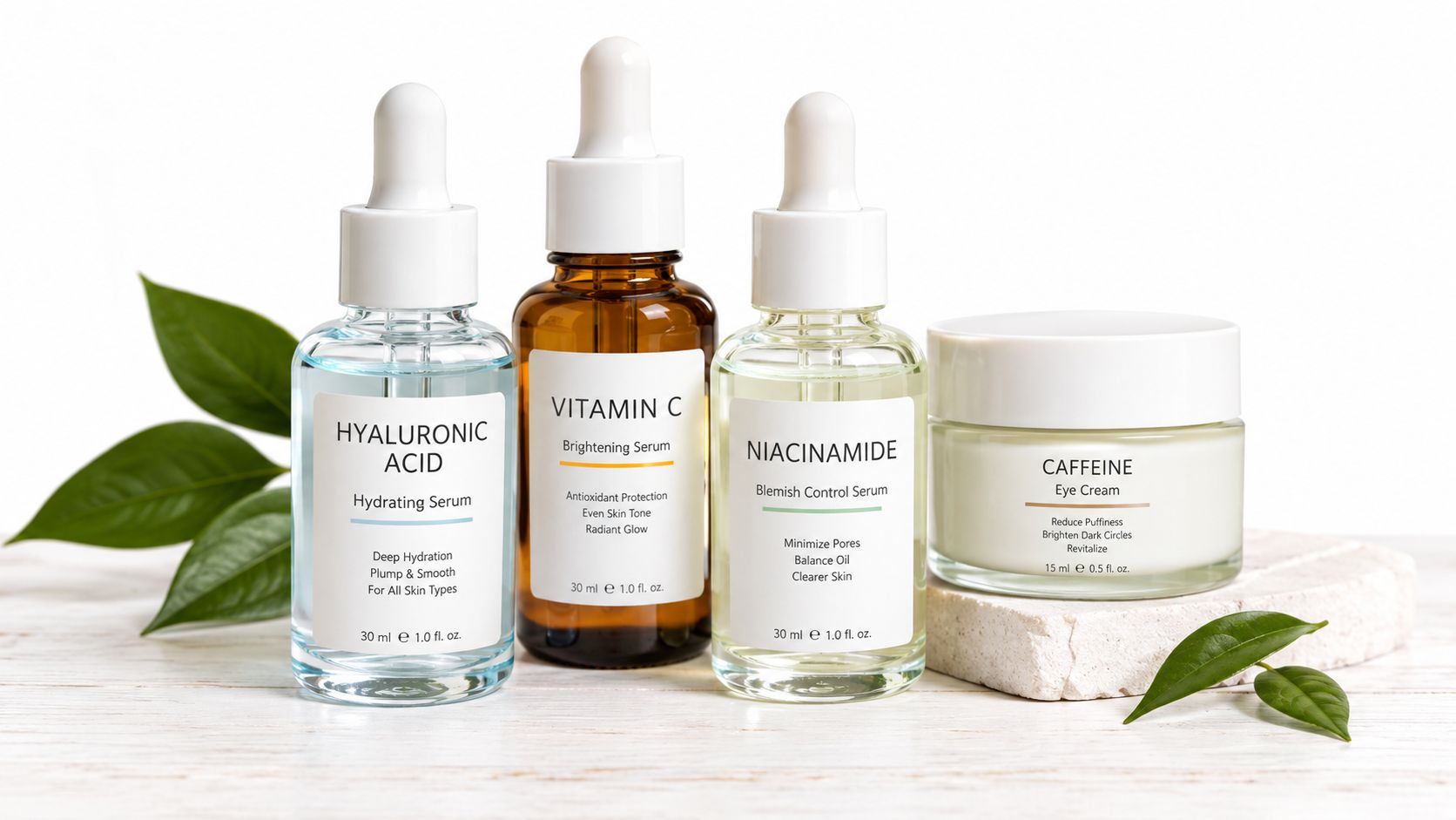 A collection of skincare products including serums and eye cream displayed on a stone surface with leaves.