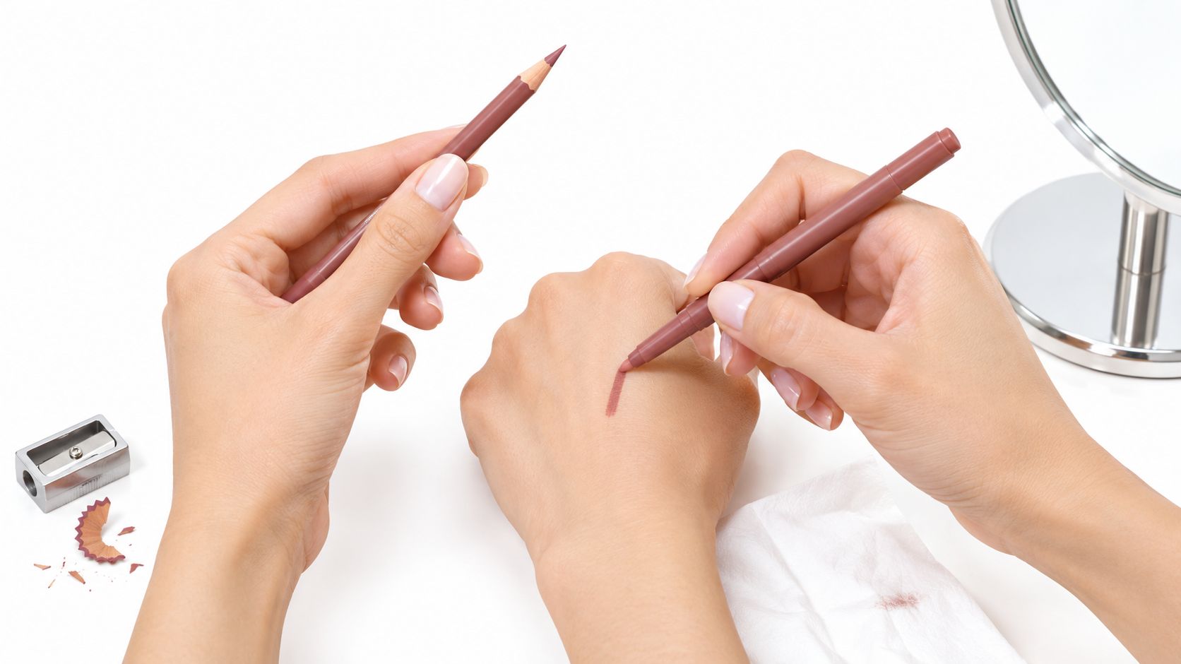A person tests two brown lip liner pencils on their hand near a mirror and sharpener.