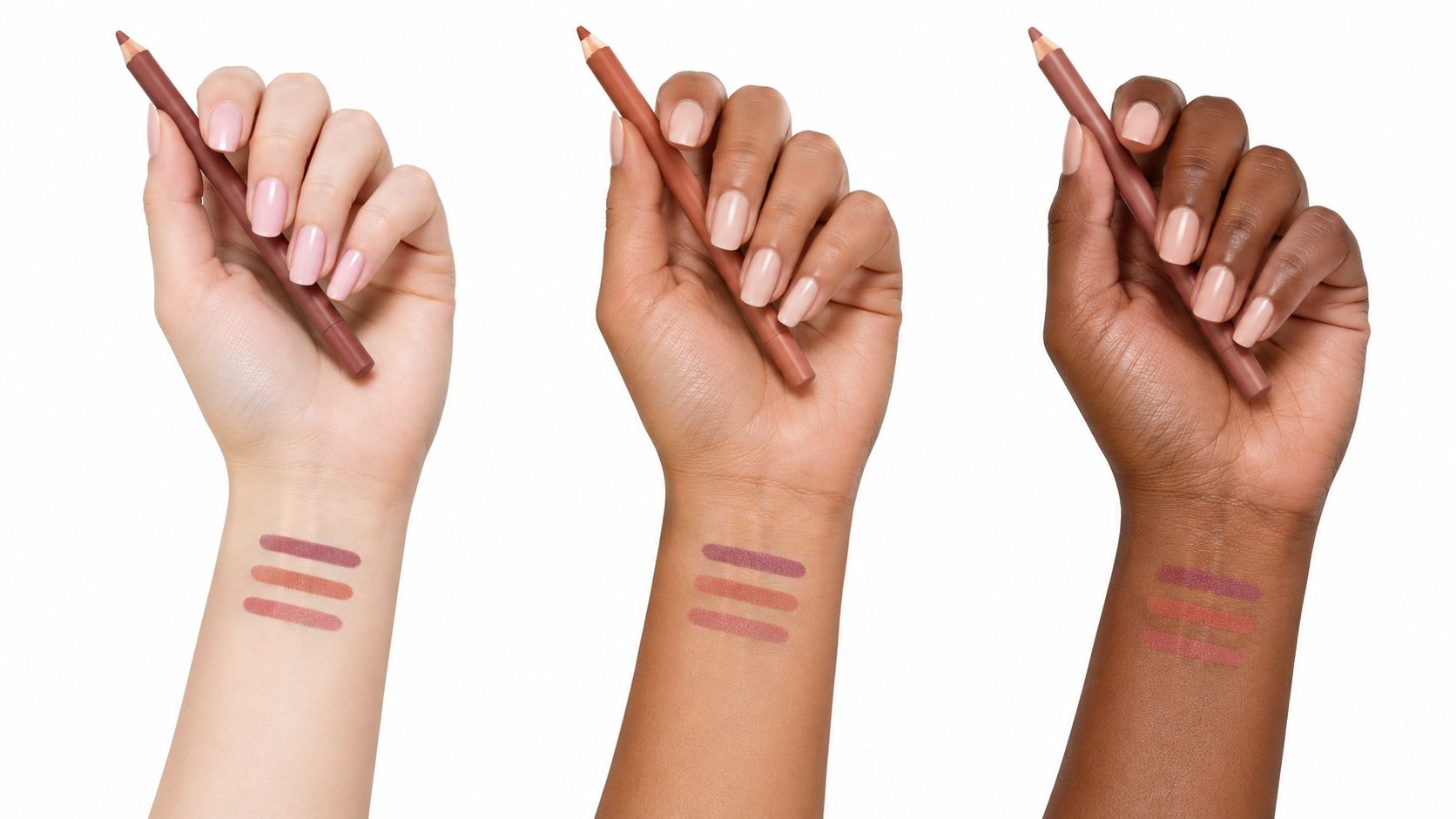 Three hands with different skin tones holding lip liner pencils and showing corresponding swatch color lines.
