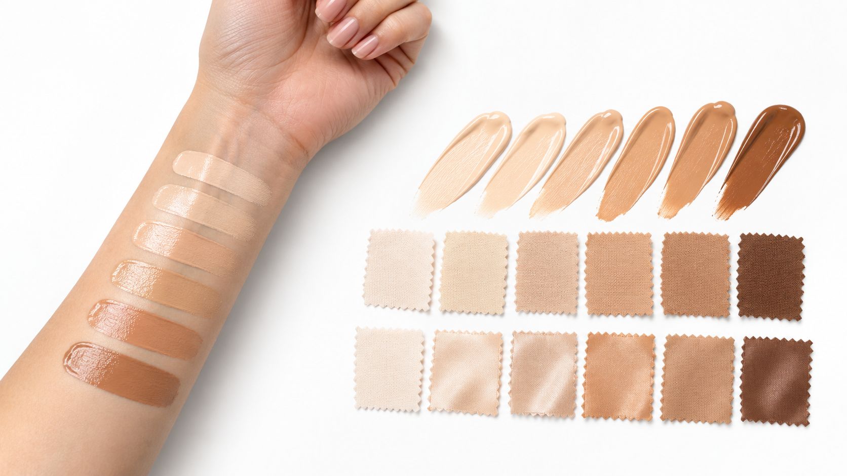 A fair-skinned arm with multiple foundation swatches applied next to various skin tone swatches and fabric samples.