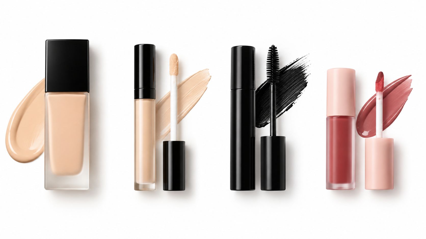 A set of four essential makeup products including foundation, concealer, mascara, and liquid lipstick on white.