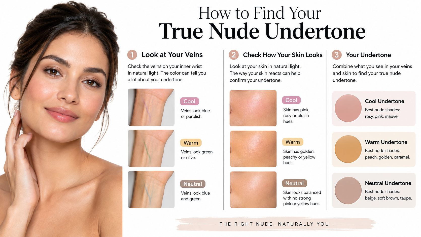 An infographic guide explaining how to determine skin undertones by checking veins and skin color for choosing lipstick.