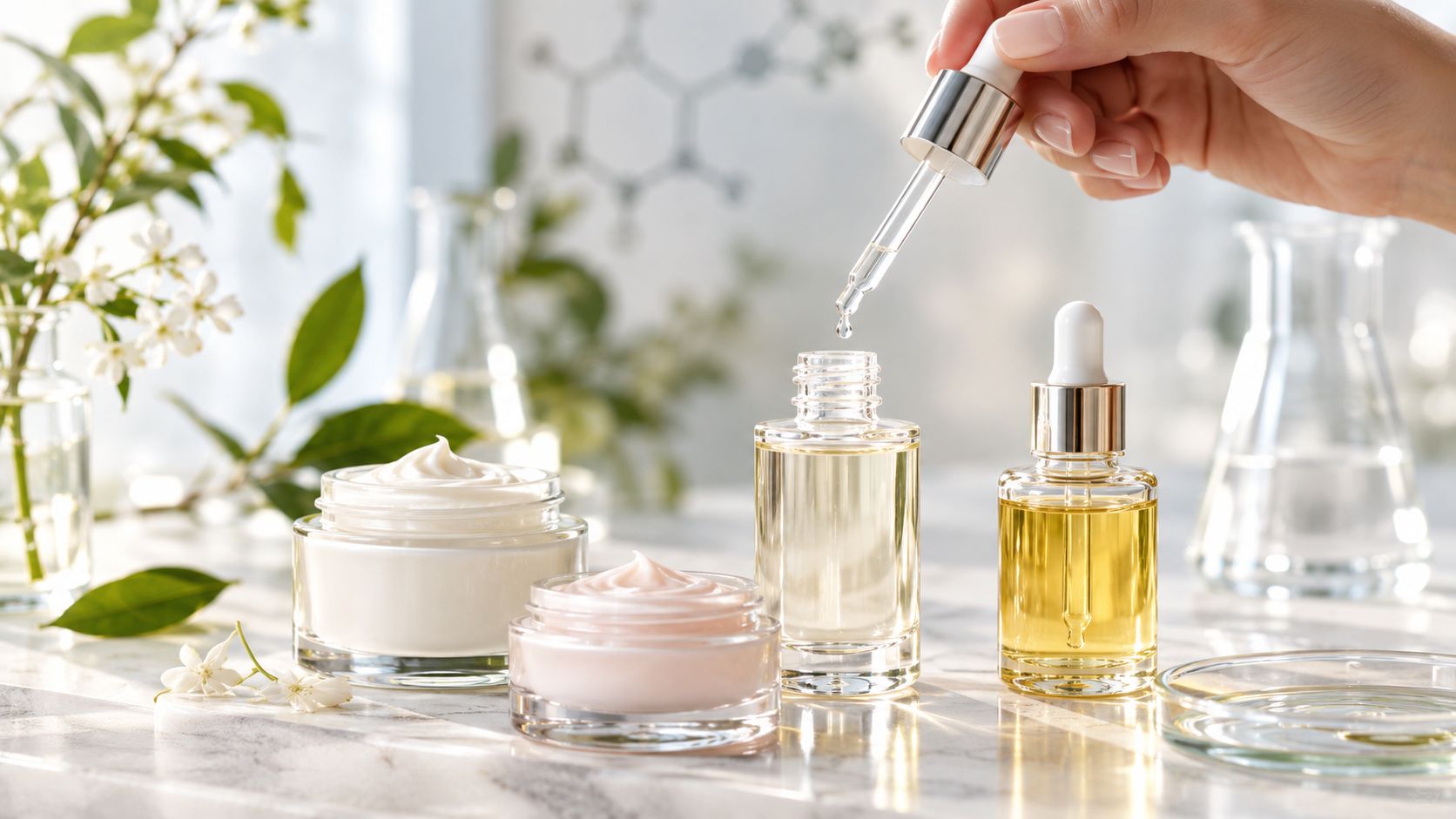 A hand holding a dropper over a clear glass bottle containing skincare serum on a marble surface.