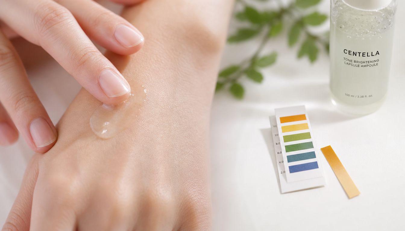 A close-up view of skincare serum being applied to a hand with a pH test strip nearby.