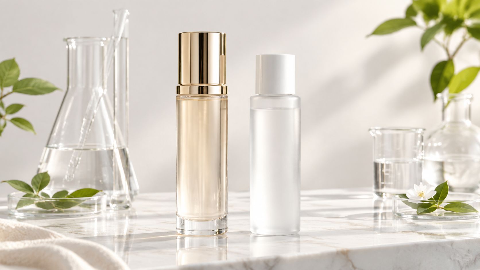 Two luxurious skincare bottles displayed on a marble surface with laboratory glassware and green leaves nearby.