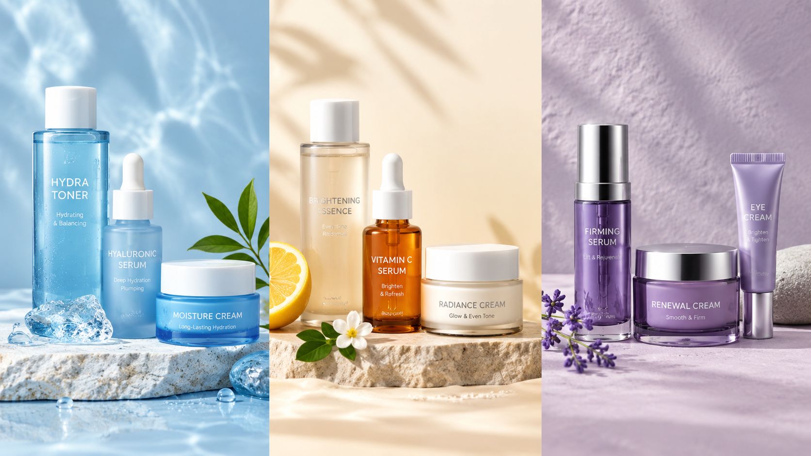 A collection of skincare bottles and jars arranged on pedestals with blue, yellow, and purple backgrounds.