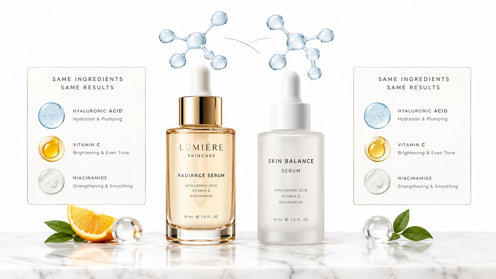 Two bottles of skincare serum, Lumiere and Skin Balance, displayed side by side on a marble surface.