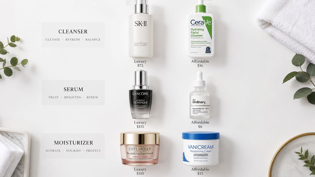 A flatlay comparison of luxury and affordable skincare products including cleanser, serum, and moisturizer options.