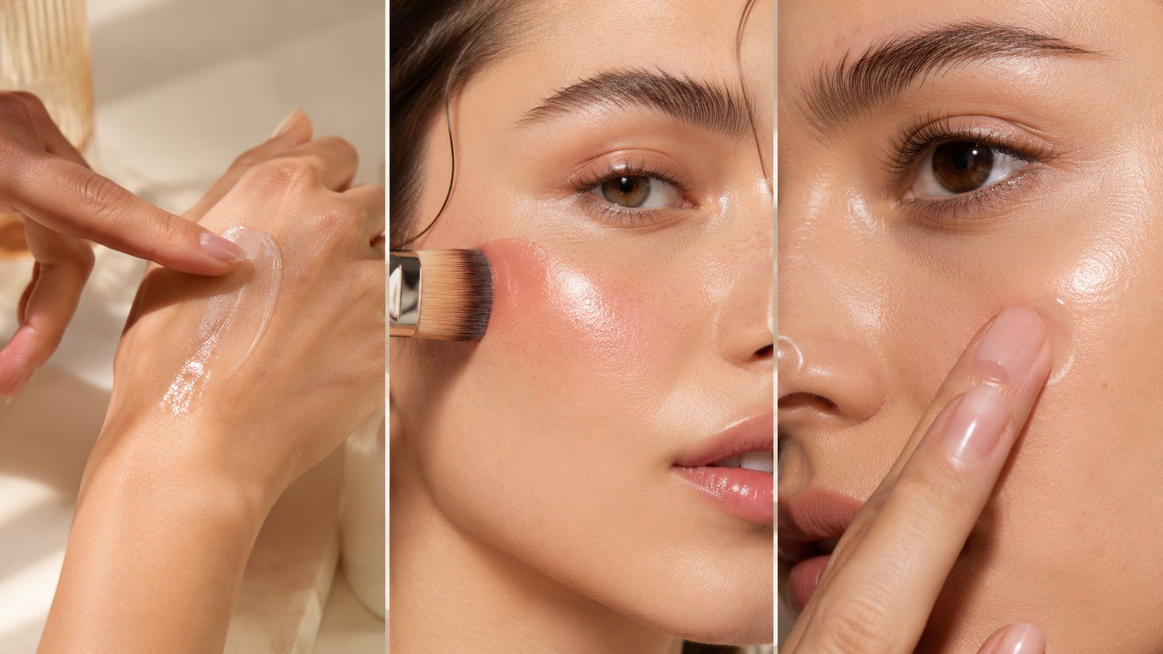 A collage showing a person testing and applying a clear, dewy liquid skincare product for glowing skin.