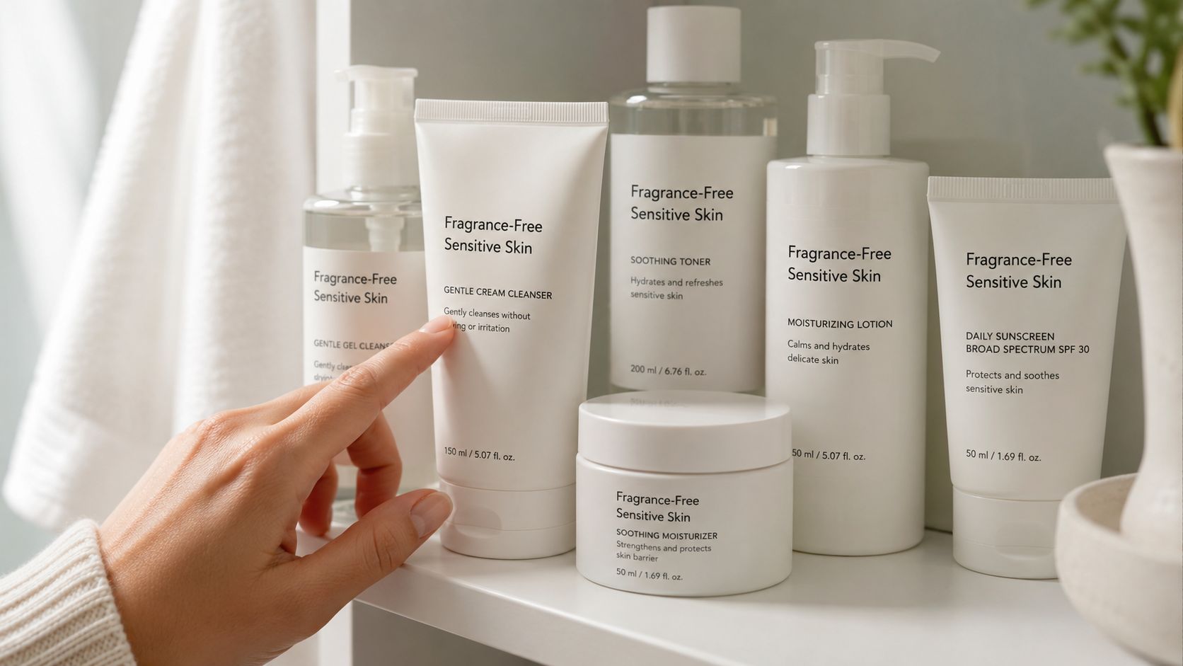 A hand touching a tube of fragrance-free cream cleanser among a collection of sensitive skin care products.
