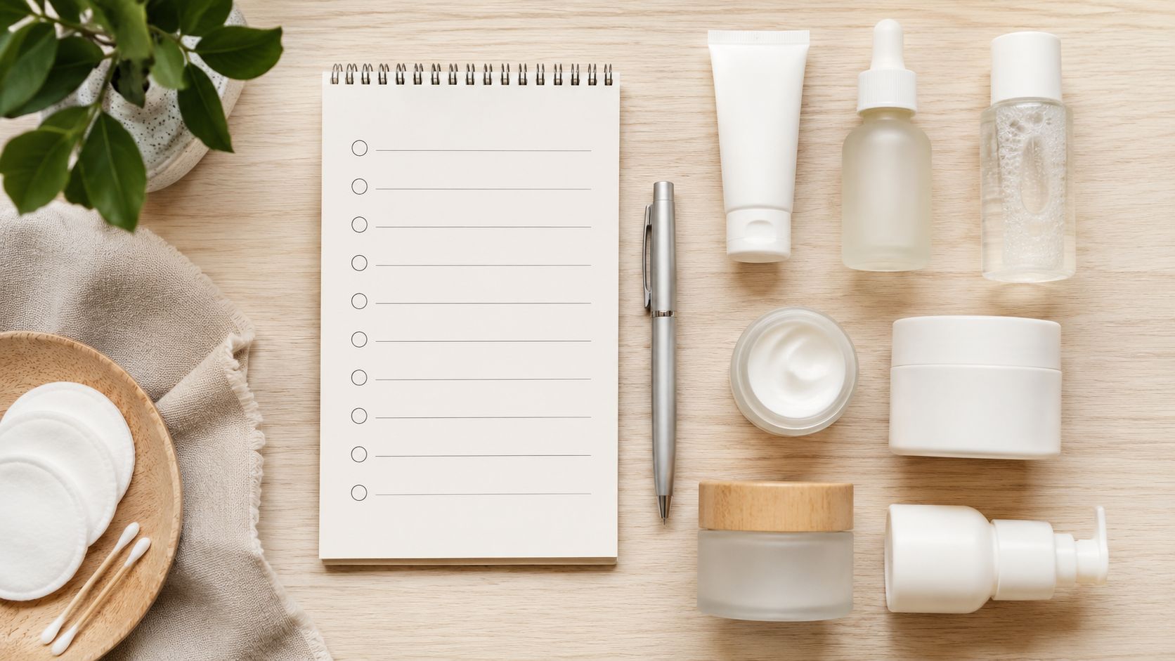 A minimalist flatlay of fragrance-free beauty products, a notebook, and skincare tools on a wooden surface.