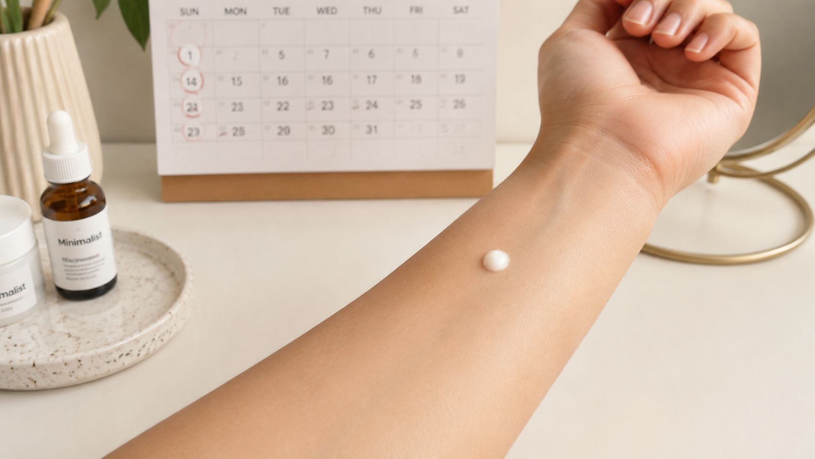 A person applying a drop of white skincare cream on their forearm with a calendar in background.