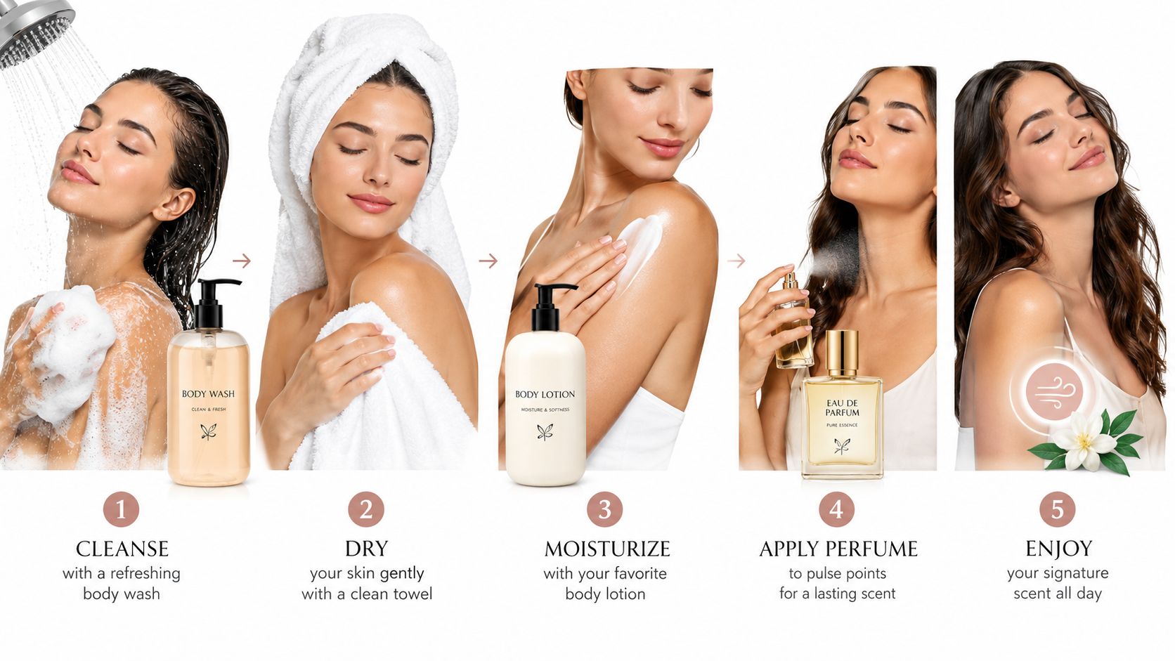 A five-step skincare and fragrance routine showcasing cleansing, drying, moisturizing, applying perfume, and enjoying the scent.