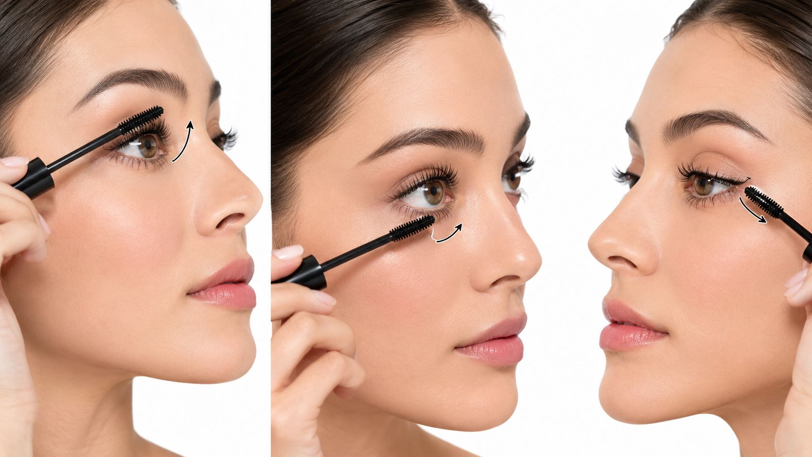 A woman demonstrating the proper technique for applying mascara to upper and lower eyelashes in three steps.
