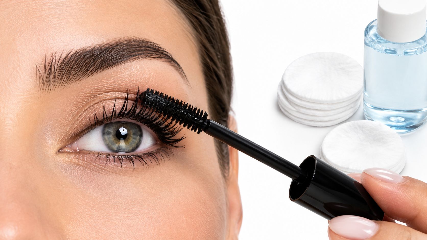 A close-up view of a woman applying black mascara to her eyelashes with cotton pads and makeup remover.