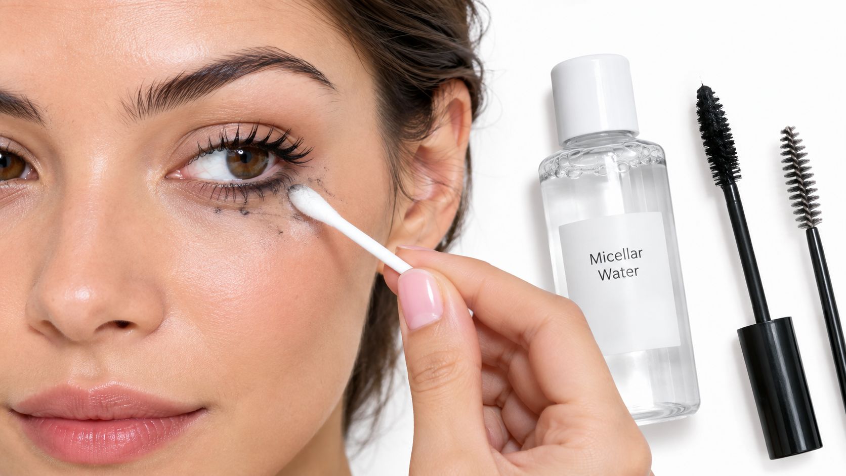A woman using a cotton swab soaked in micellar water to gently clean smudge marks under her eye.