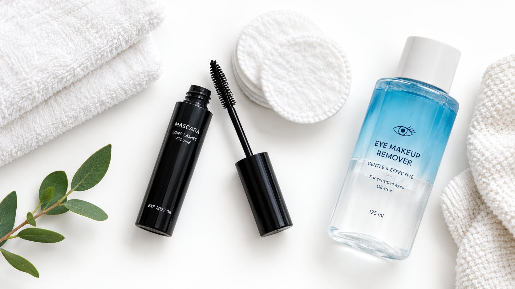 A black mascara tube, makeup remover, cotton pads, and a white towel on a clean white surface.