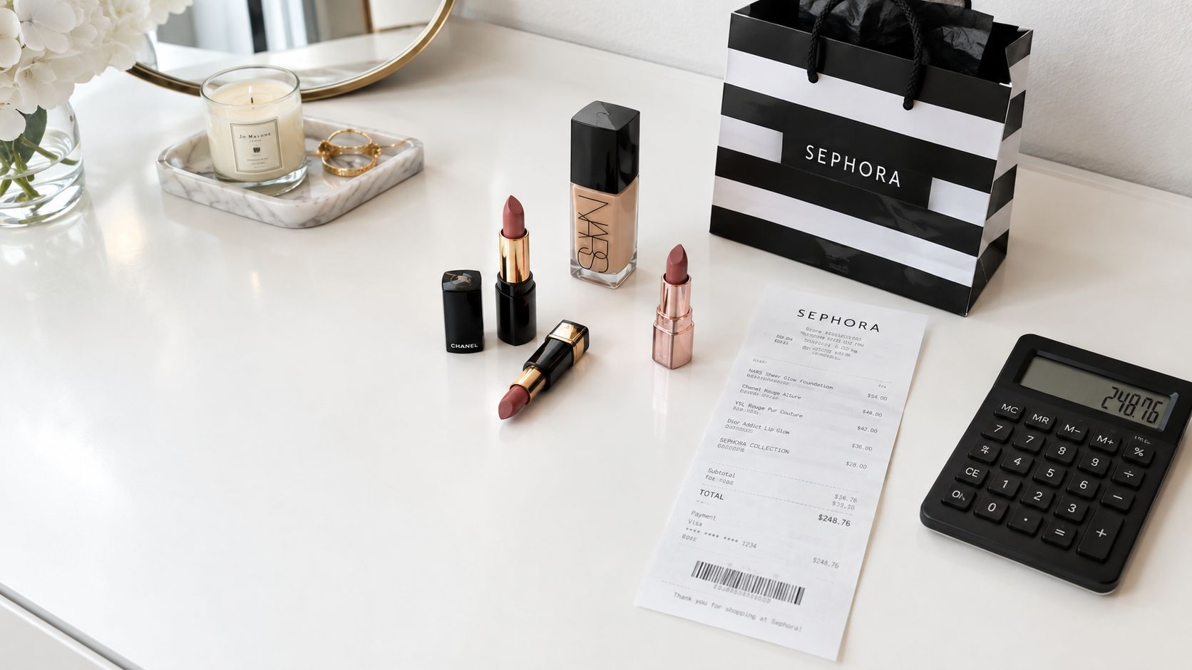 A high-angle shot of Sephora cosmetics, a paper receipt, and a calculator on a white desk.