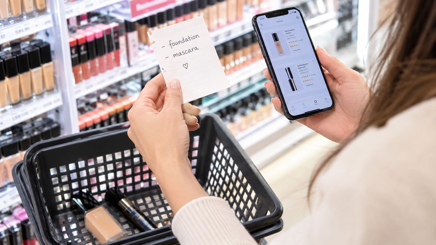 A woman checking a shopping list and a smartphone while shopping for cosmetics in a store.