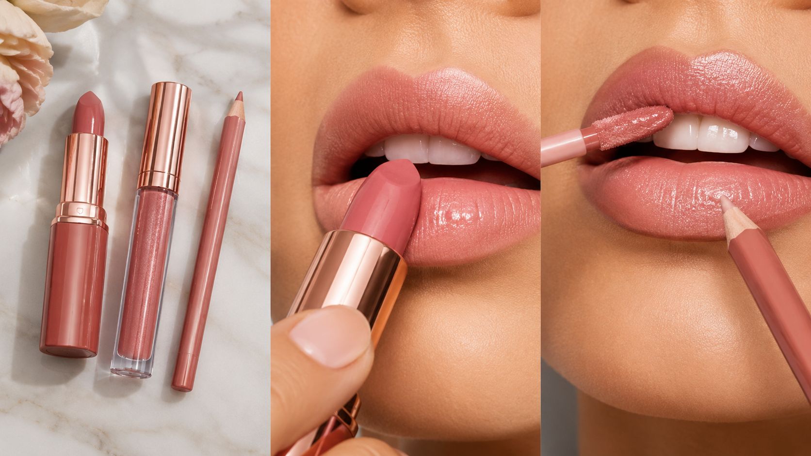 A product set of lipstick, lip gloss, and lip liner shown with a lip application tutorial demonstration.