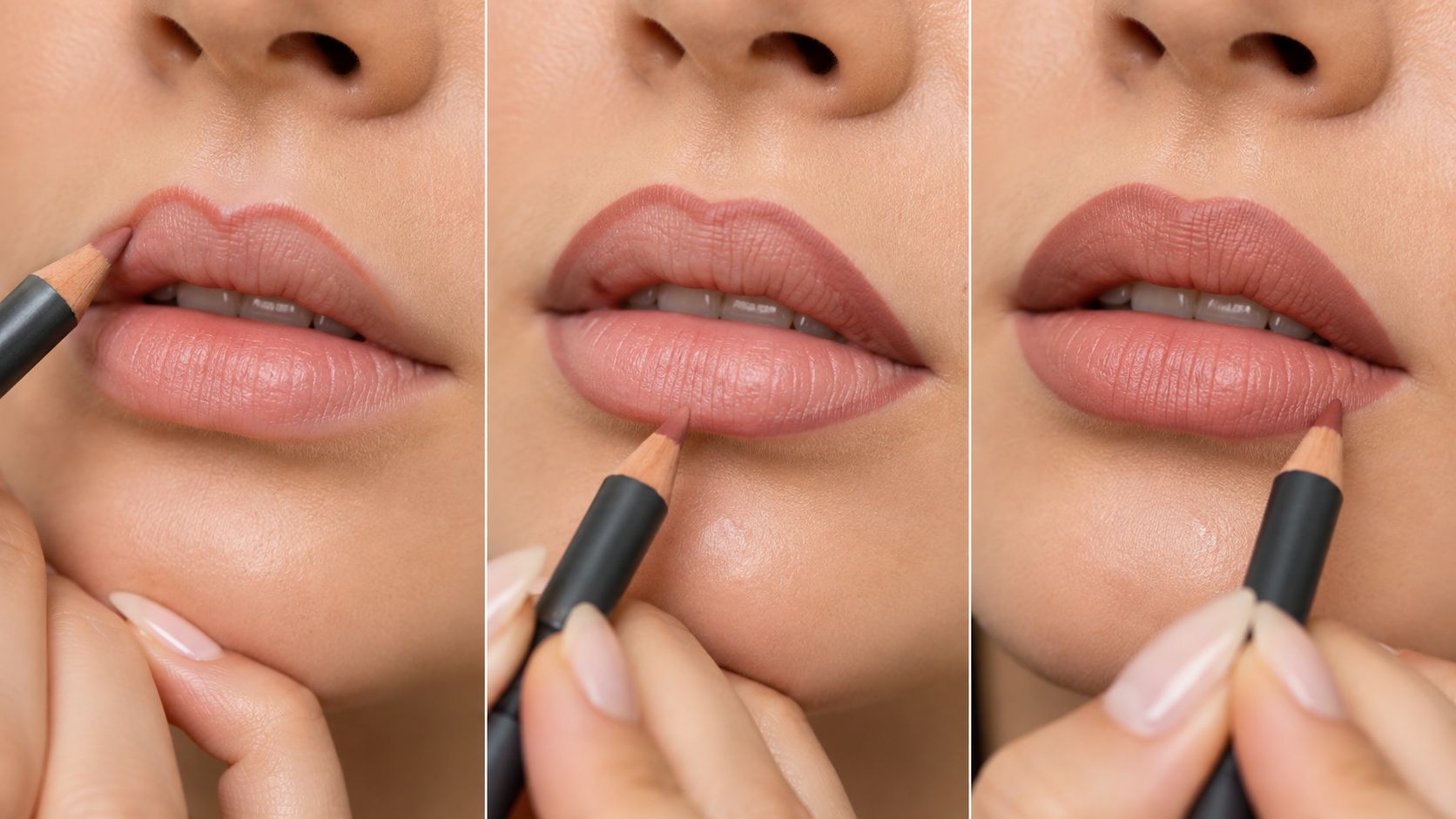 A three-part tutorial showing a model applying neutral-toned lip liner to define the shape of her lips.