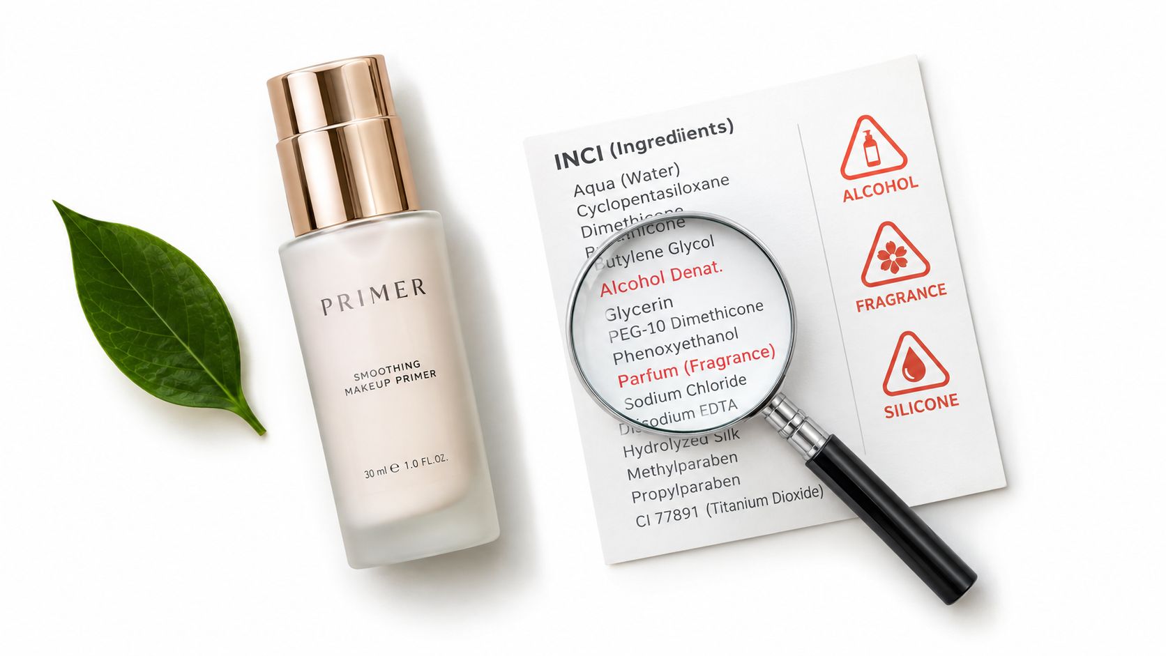 A makeup primer bottle next to a magnifying glass highlighting ingredients like alcohol and fragrance on paper.