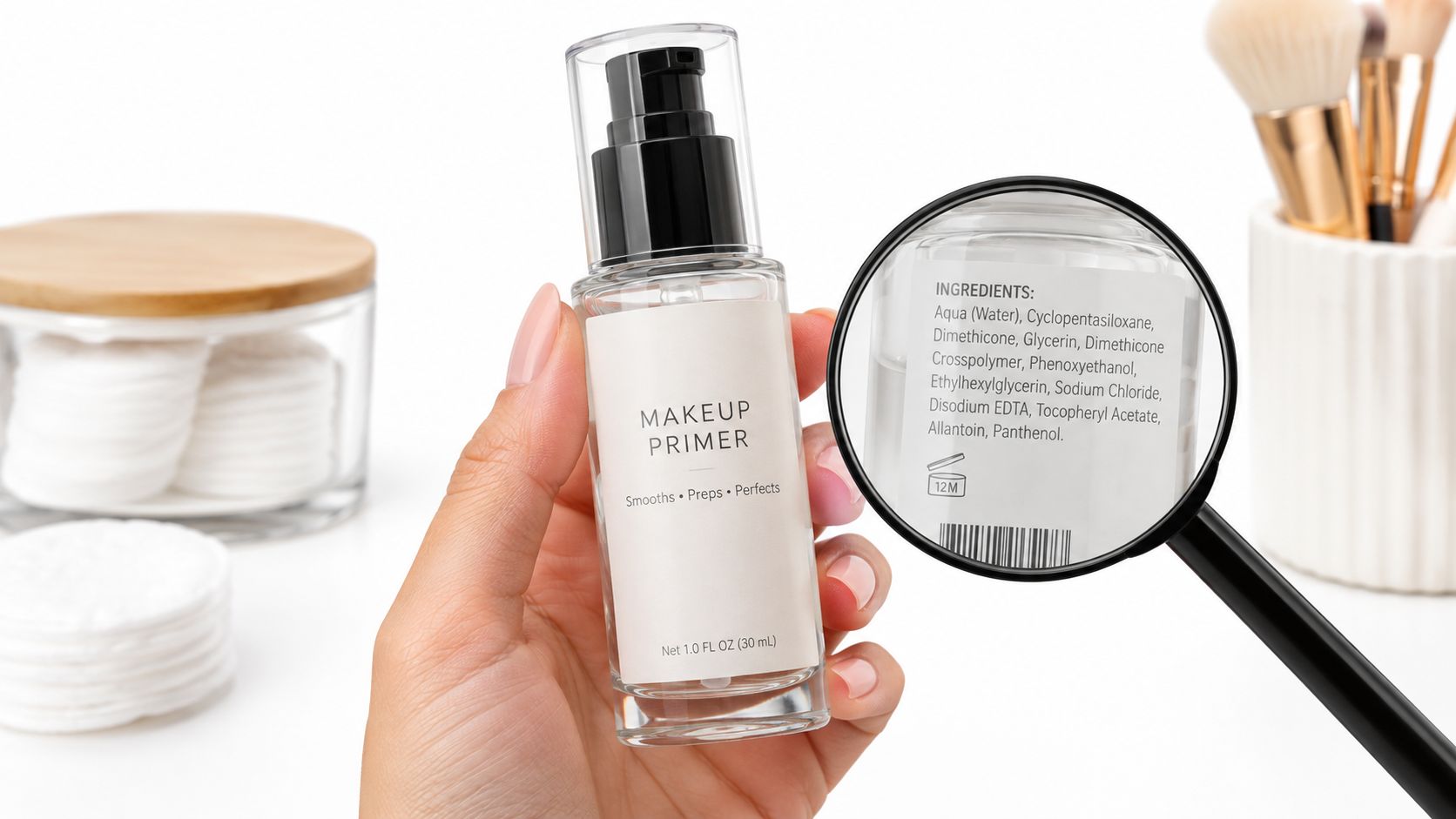 A hand holding a bottle of makeup primer with an ingredient label magnified through a magnifying glass.