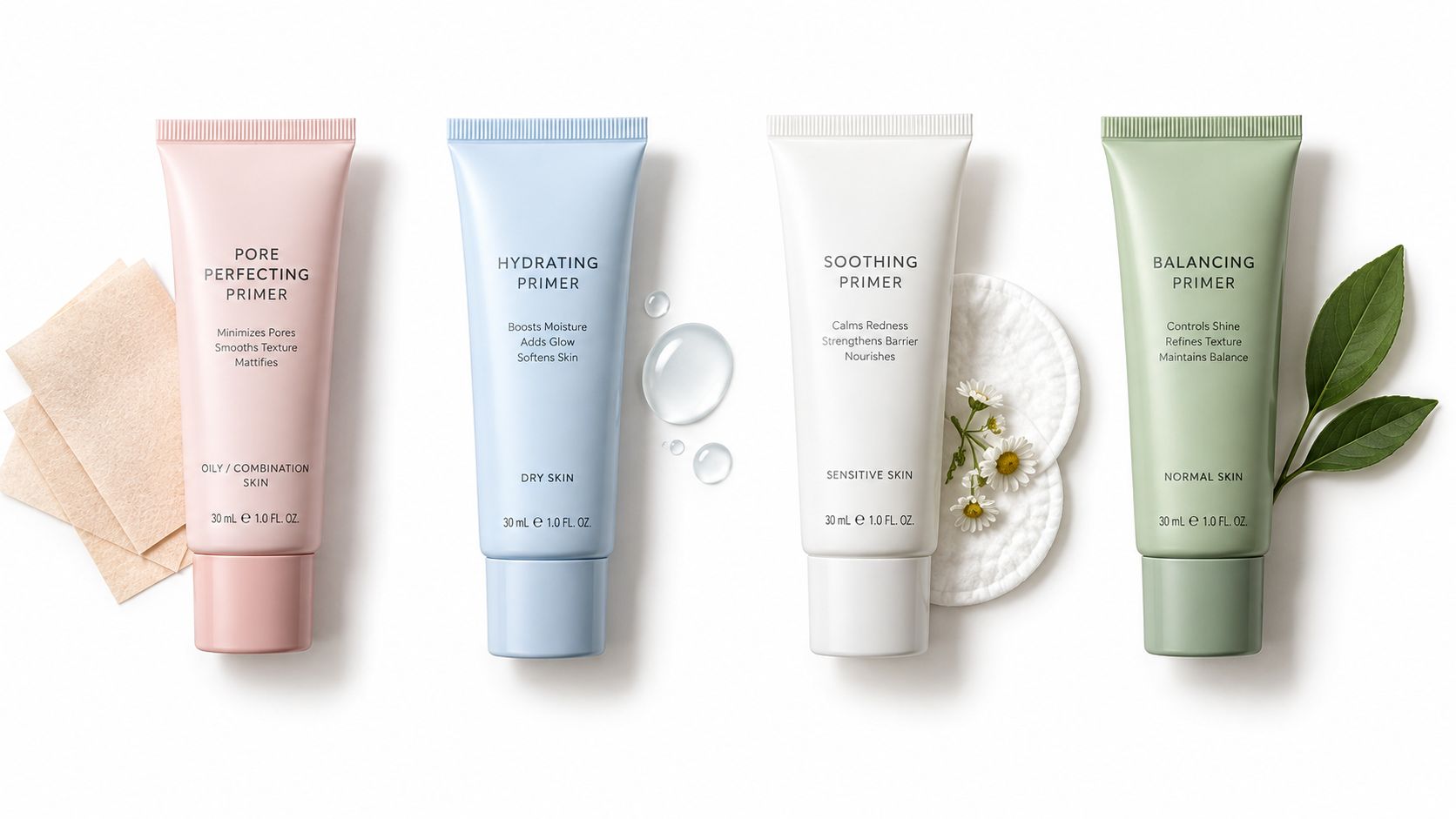 Four different tubes of makeup primer arranged neatly, each designed for specific skin types against a white background.