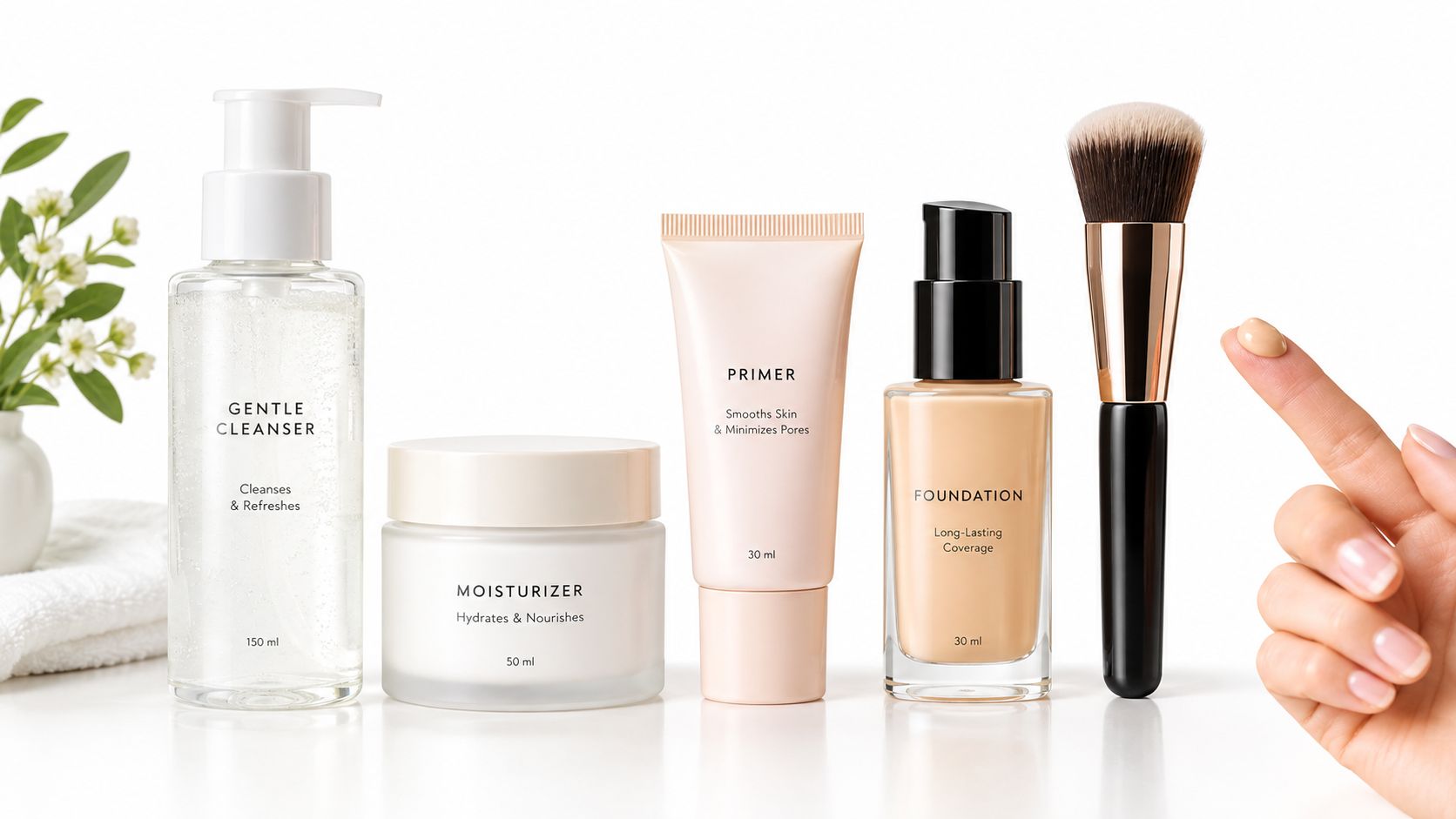 A professional skincare and makeup product line featuring cleanser, moisturizer, primer, foundation, and a makeup brush.