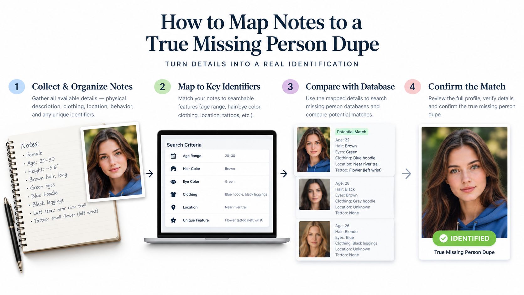A four-step infographic illustrating how to identify a missing person dupe by matching physical notes.