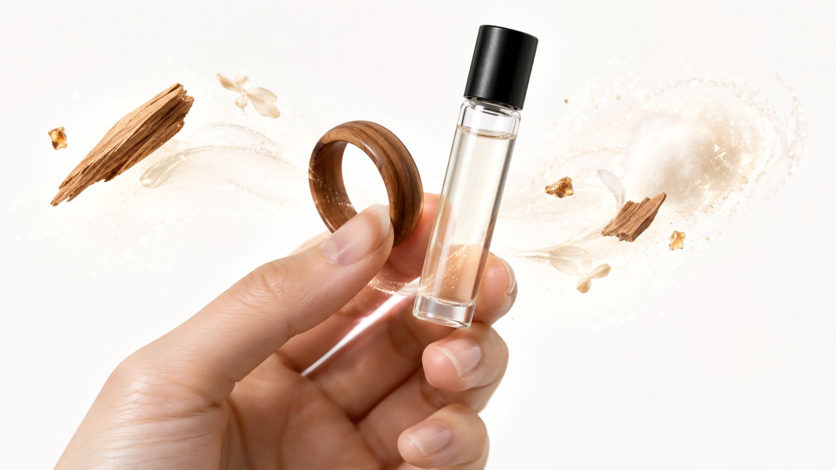 A hand holding a wooden ring and a small glass perfume roller bottle against a white background.
