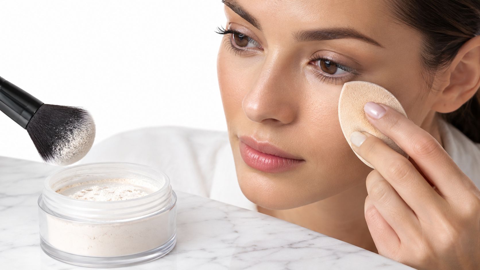 A woman applying setting powder under her eyes with a soft cosmetic sponge and powder brush.