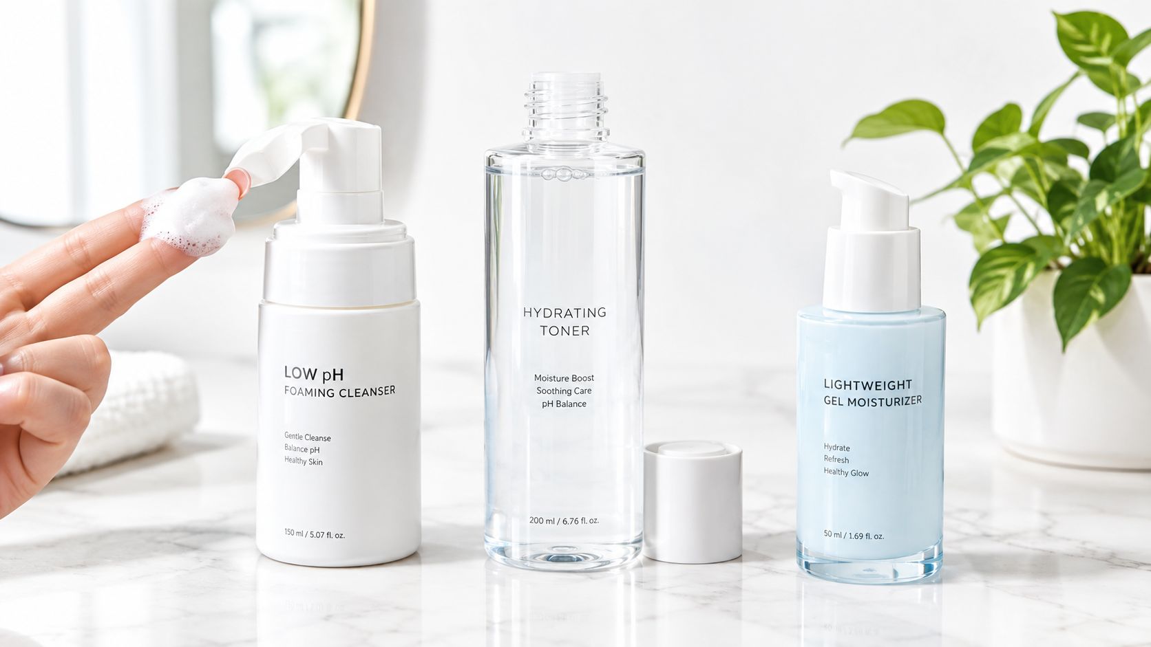 A set of three skincare products including a foaming cleanser, hydrating toner, and gel moisturizer on a table.