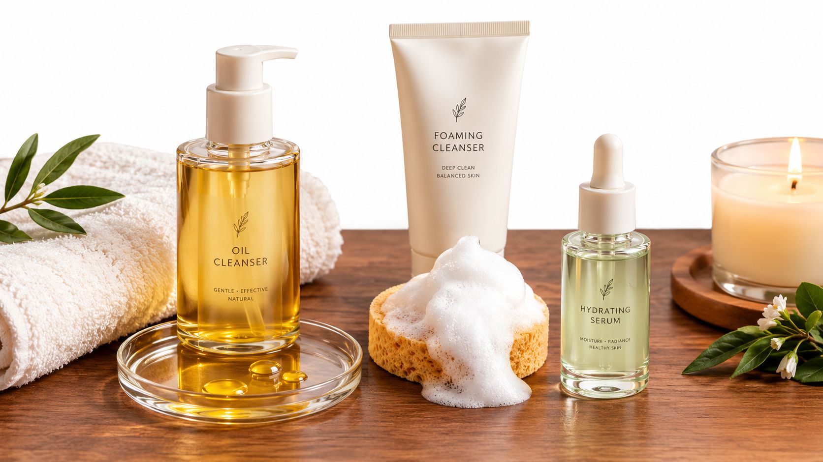 A collection of skincare products including an oil cleanser, foaming cleanser, and hydrating serum on a table.
