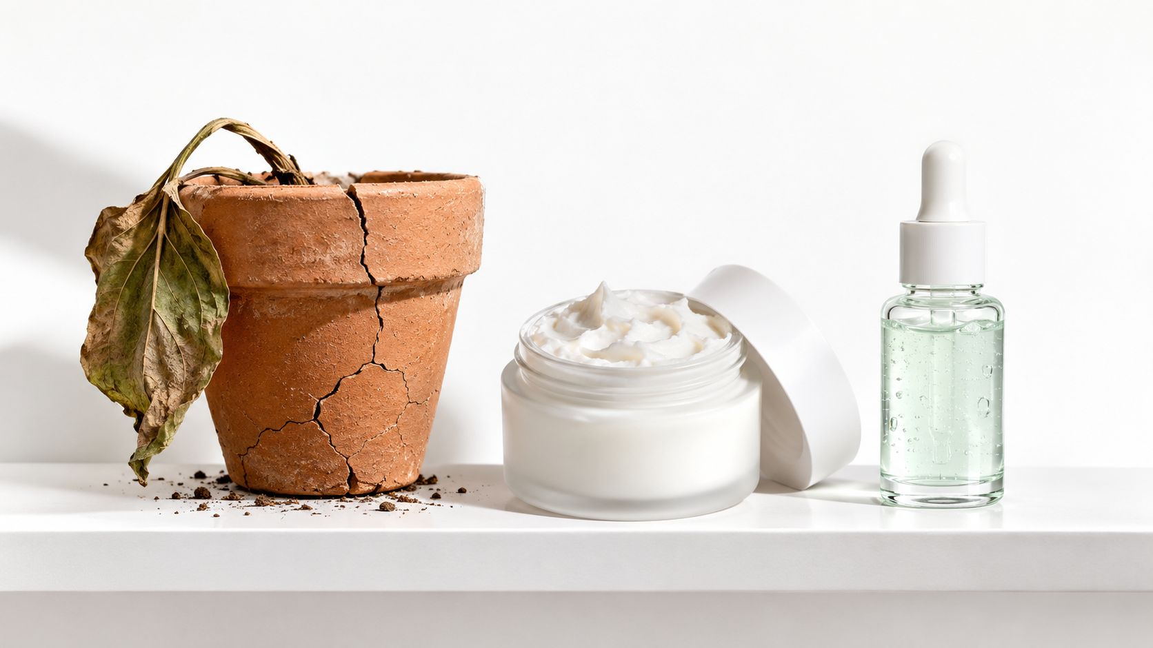 A minimalist studio shot featuring a cracked terracotta pot, face cream jar, and a clear serum dropper bottle.