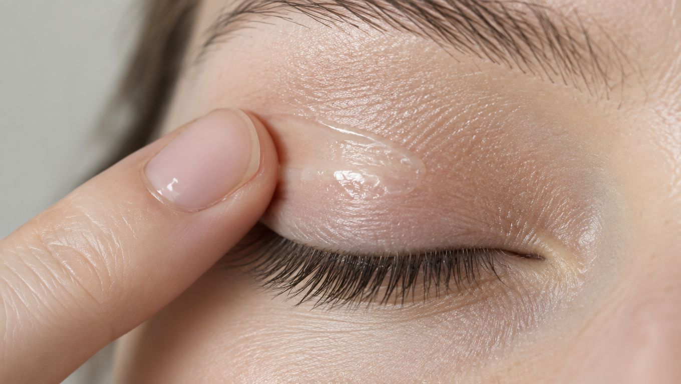 A close-up view of a finger applying clear skincare product or primer onto a closed eyelid.