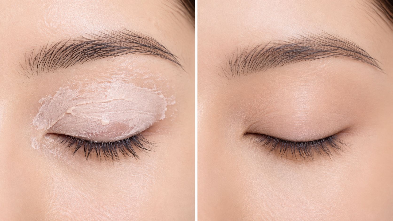 A split image showing an eyelid before and after applying eyeshadow primer for smooth makeup application.