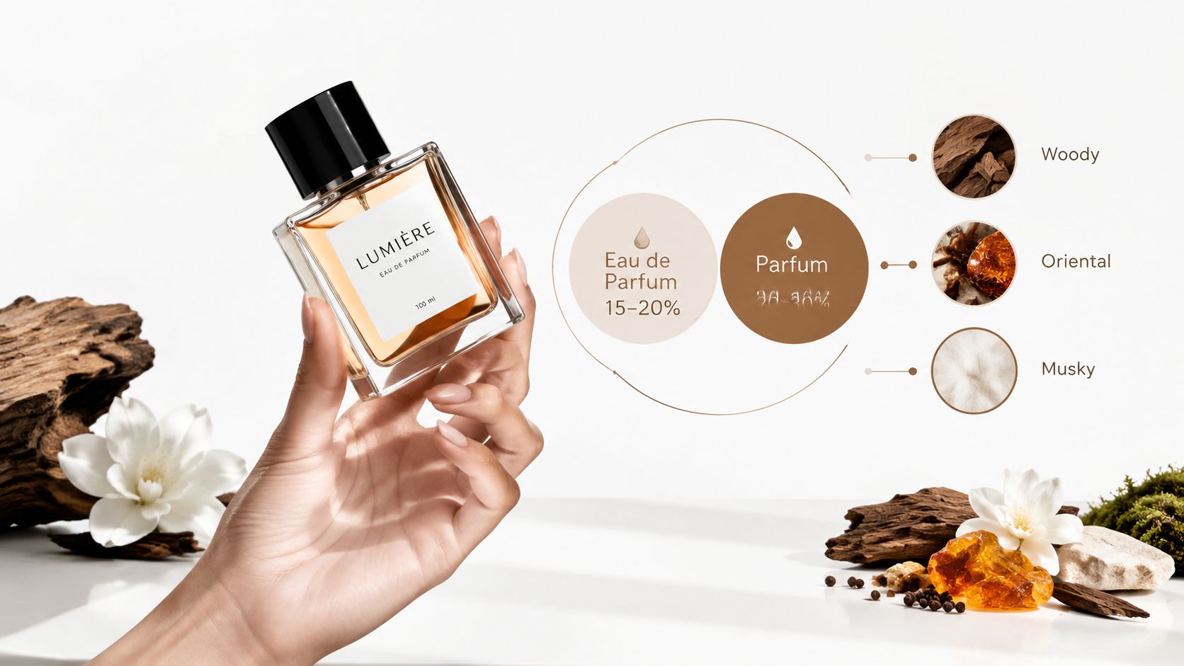 A hand holds a bottle of Lumiere perfume alongside illustrations of fragrance concentrations and woody, oriental, musky notes.