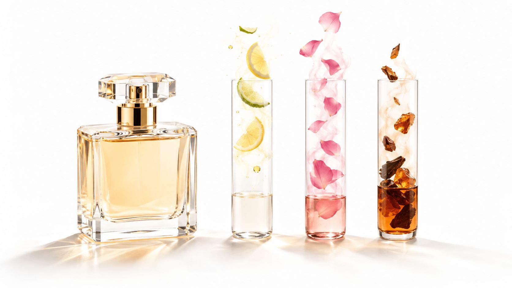 A glass perfume bottle alongside three test tubes containing ingredients like citrus, rose petals, and amber wood.