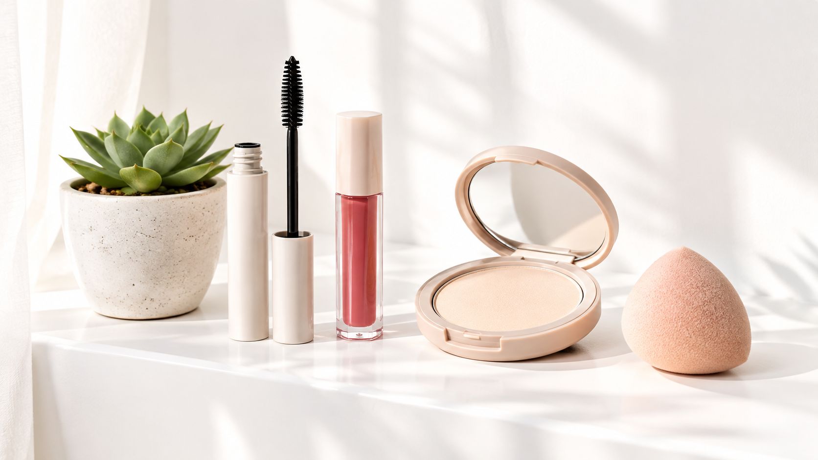 A minimalist arrangement of makeup products including mascara, lip gloss, powder compact, and a beauty blender sponge.