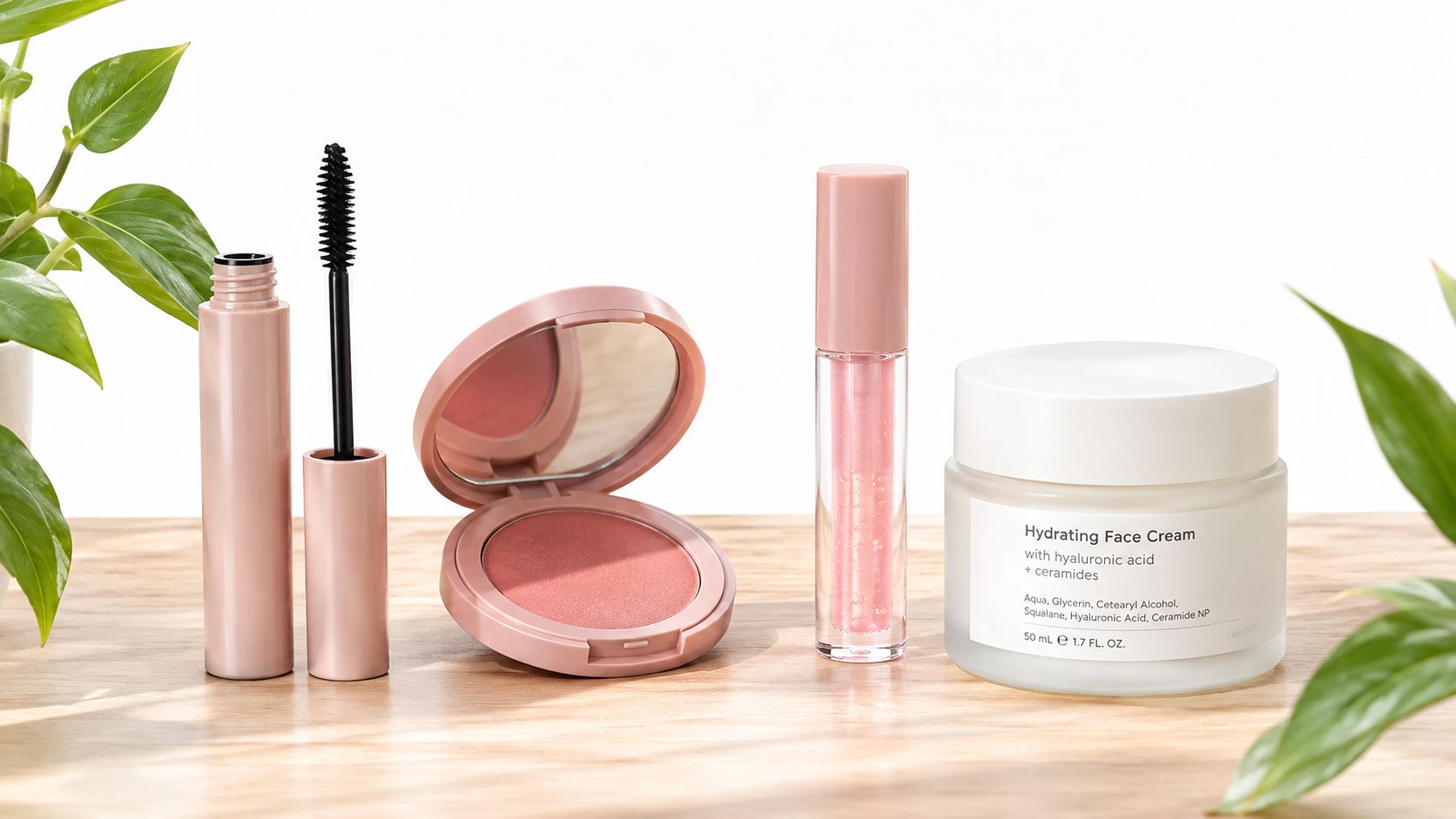A collection of affordable non-toxic makeup and skincare products arranged on a wooden surface with green leaves.