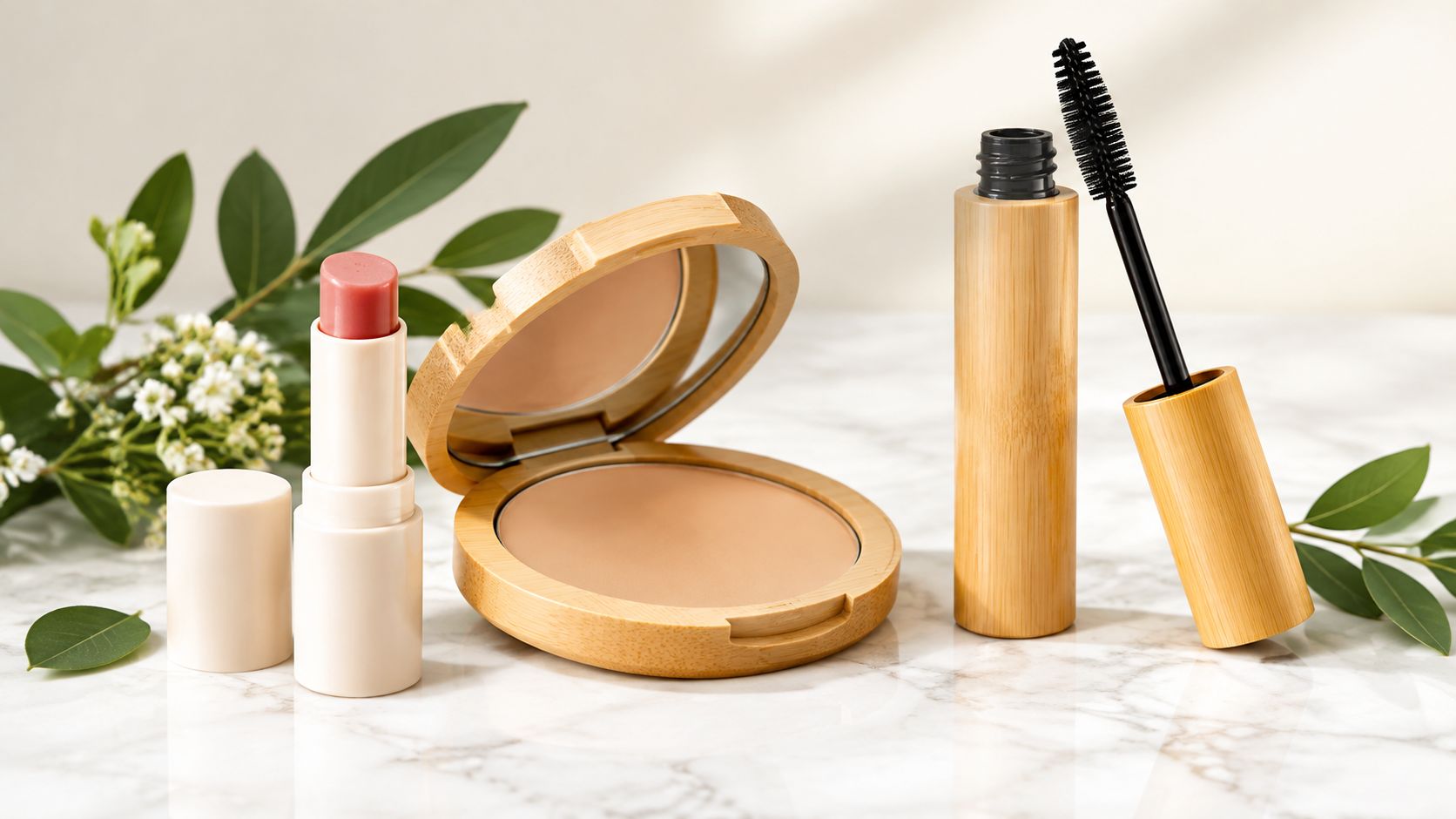Eco-friendly bamboo makeup products including a lipstick, pressed powder compact, and mascara on marble background.