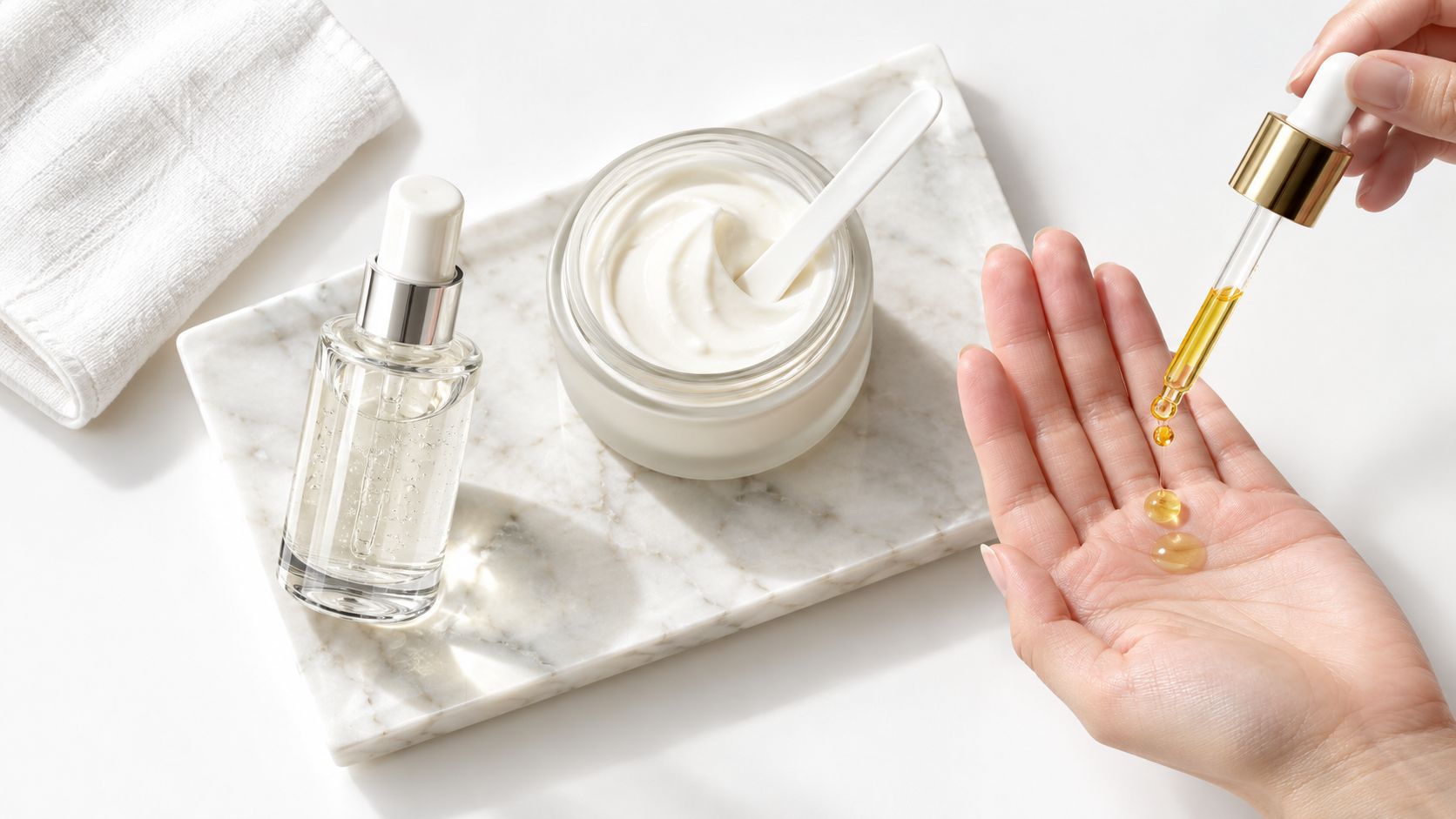 A dropper dispensing golden facial oil onto a person's hand next to a cream jar and serum bottle.