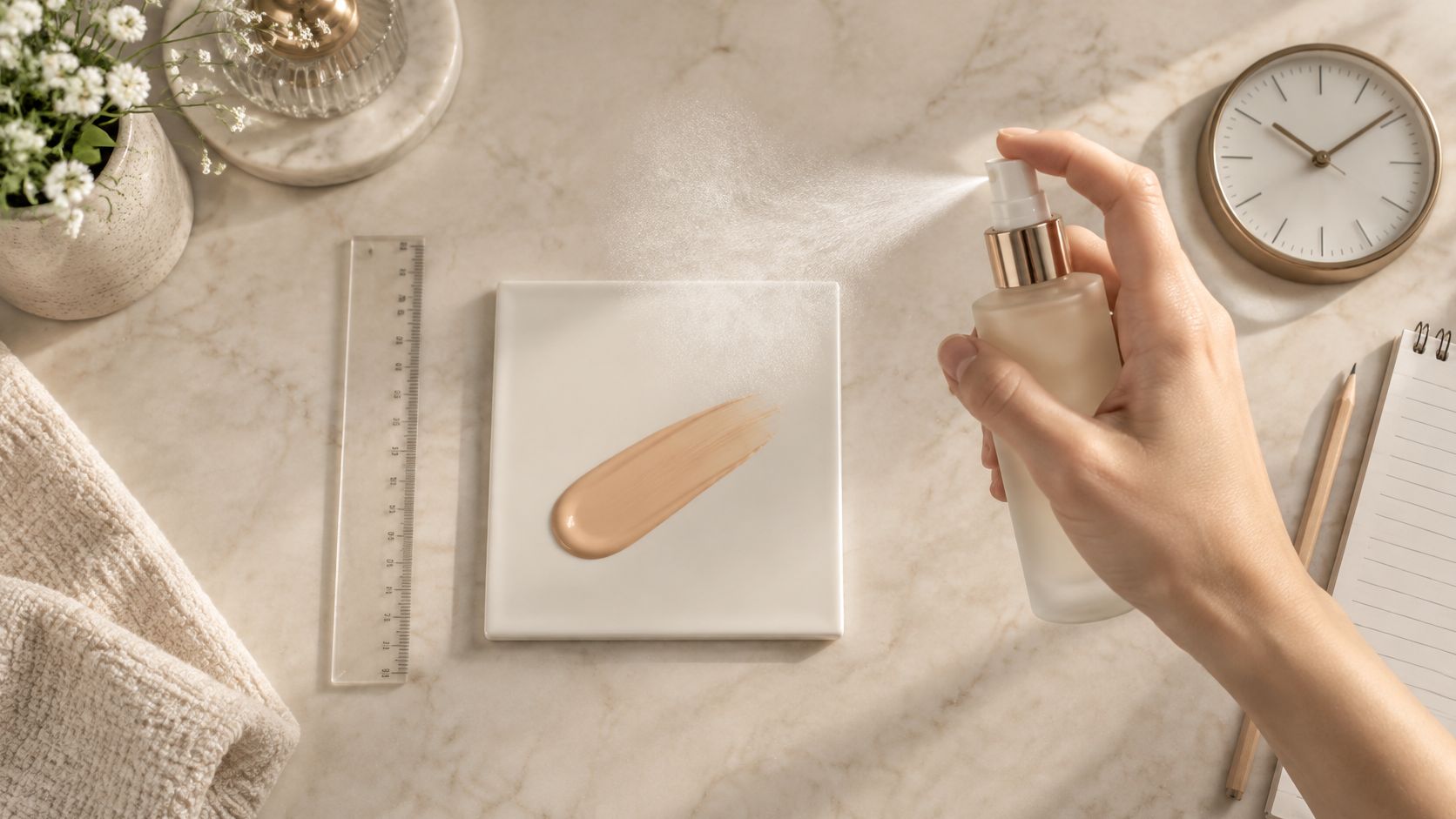 A hand spraying a hydrating setting spray onto a makeup swatch on a white square tile.