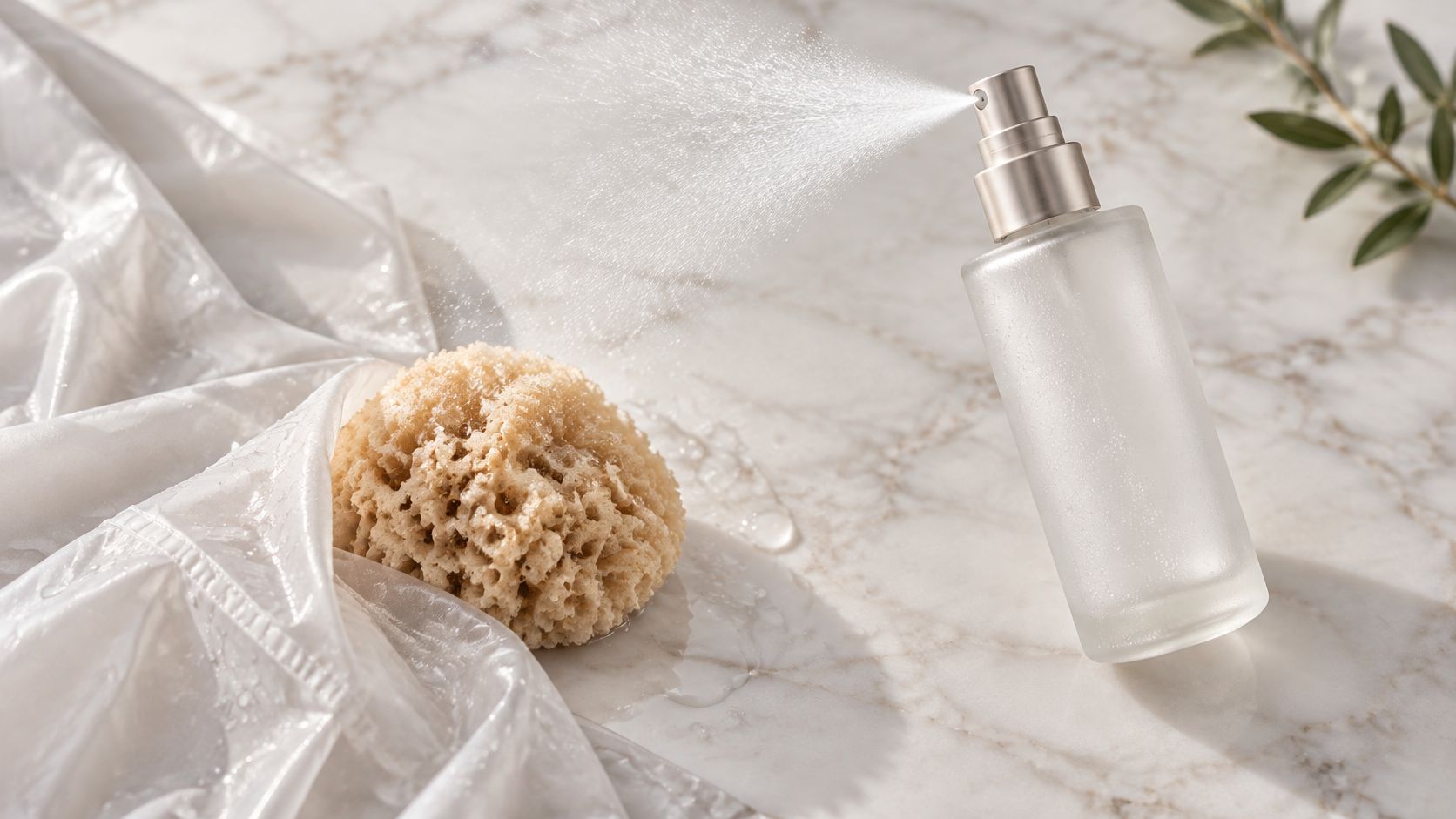 A frosted glass bottle sprays a fine mist over a natural sea sponge on a marble surface.