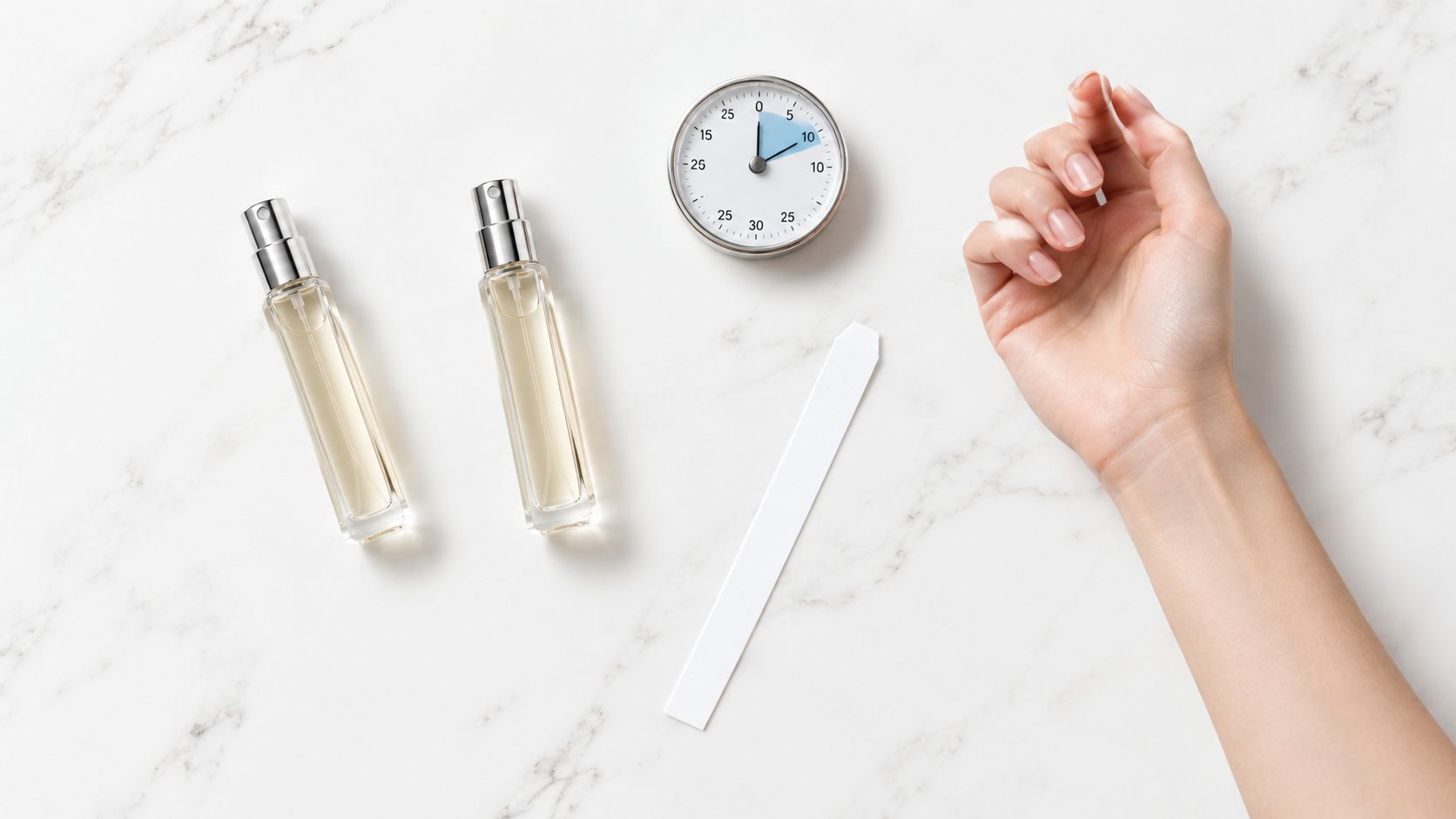 A hand ready for perfume application next to scent strips, perfume bottles, and a countdown timer.