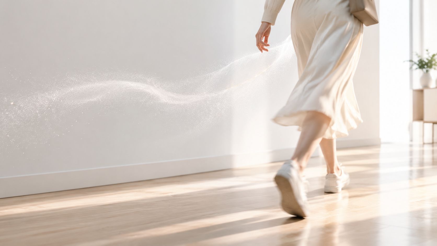 A person in a flowing skirt walking through a bright room leaving a trail of shimmering, magical stardust.