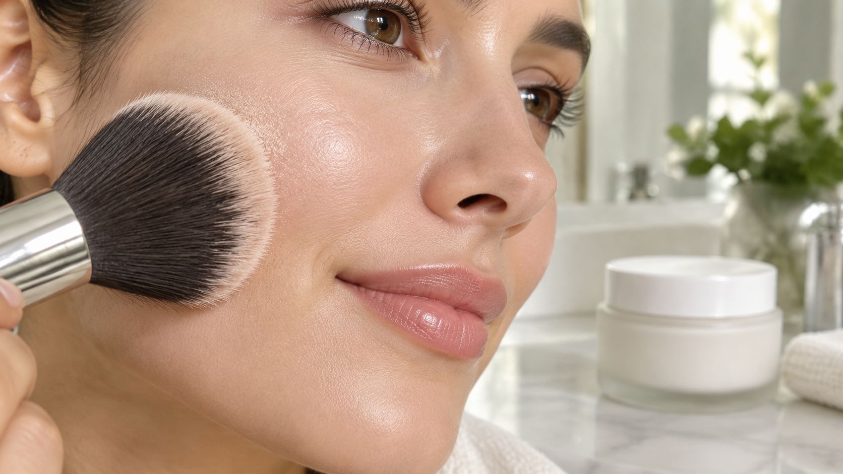 A close-up of a person applying soft powder to their cheek with a professional makeup brush.